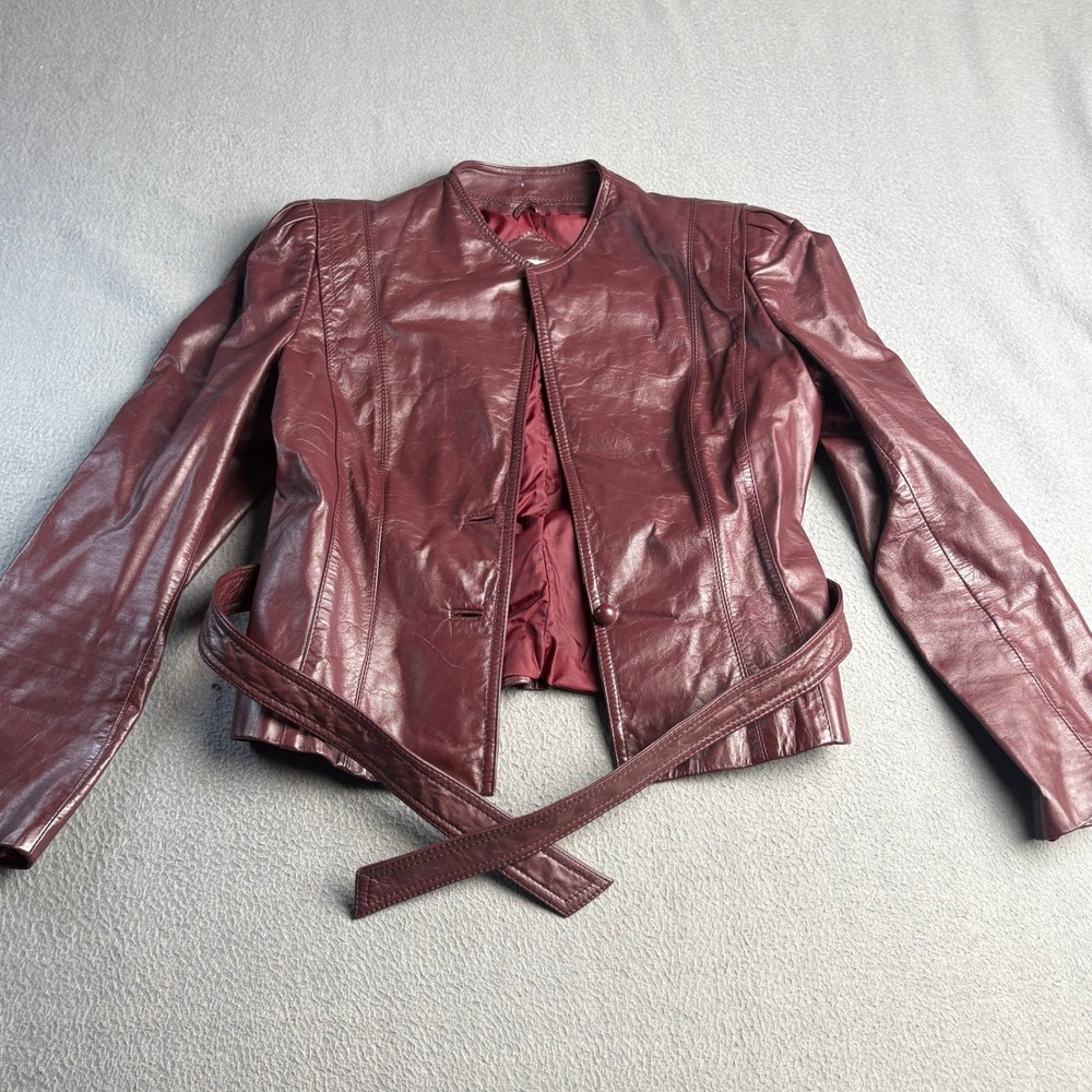 Vintage Bermans The Leather Experts Burgundy Leather Belted Jacket Size 12